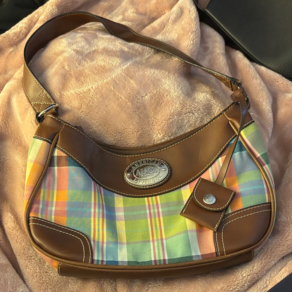Colorful Plaid Shoulder Bag with Brown Accents